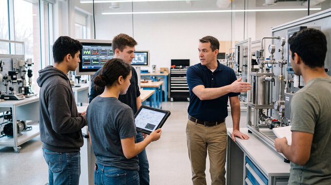 上图是一张反应职业教育智能实训的图片。图片的提示词是A vocational engineering instructor teaching students in a modern smart training laboratory. The instructor is explaining industrial equipment concepts while students observe