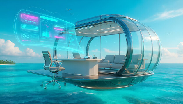 Futuristic Floating Office Overlooking the Ocean with High-Tech Displays