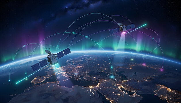 Satellite Communication Technology Above Earth with Aurora Borealis