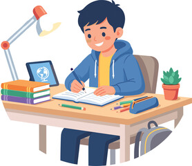 Happy young boy studying and doing homework at desk with books and tablet vector