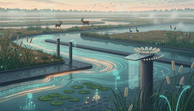 Futuristic Wetlands with Digital Elements and Wildlife
