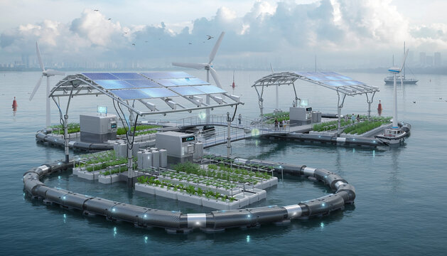 Innovative Floating Hydroponic Farm with Solar Panels and Wind Turbines