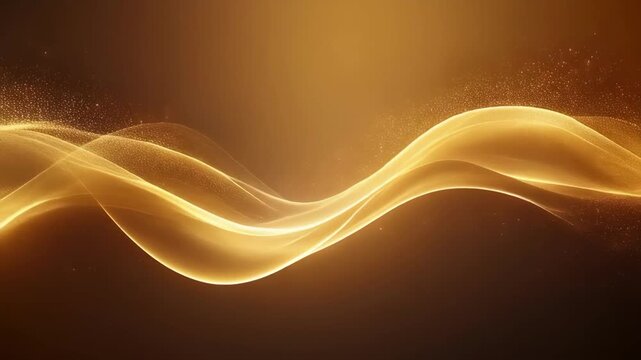 Abstract flowing golden wave lines with light particles on a brown background