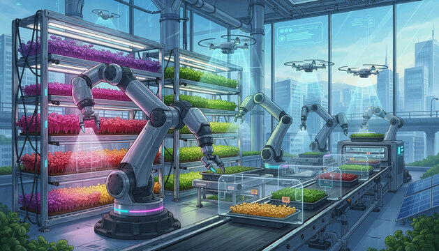 Futuristic Indoor Vertical Farm with Robotic Technology and Drones