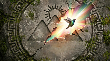 Fototapeta premium Hummingbird emerging from ancient stone carving with mountain and sun symbol. Bright rainbow light rays shining through broken rock. Celebration of Peruvian heritage and culture.