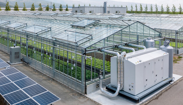 Modern Greenhouse with Solar Panels and Hydroponic Systems