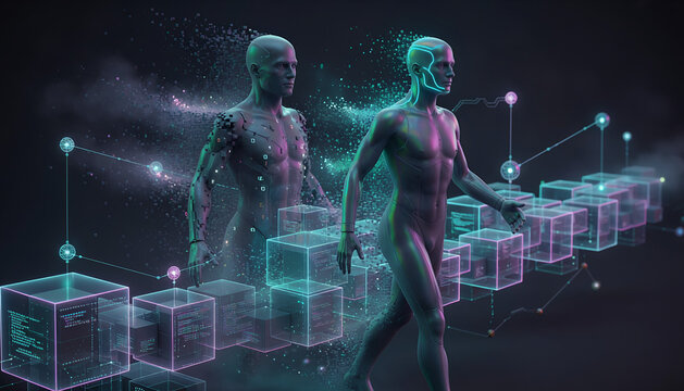 Futuristic Human Figures Walking Through Digital Data Streams