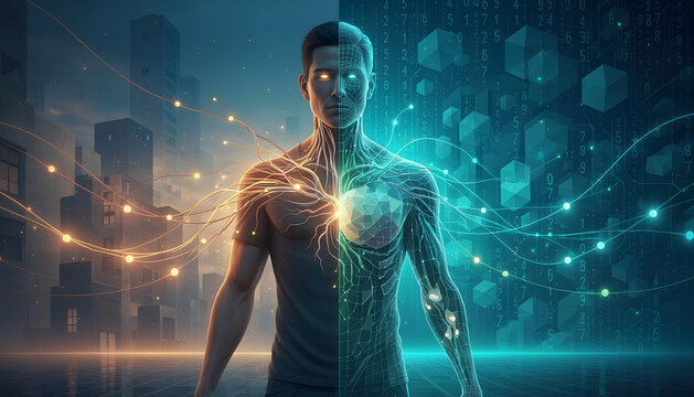Futuristic Human with Digital Connections and Energy Flow