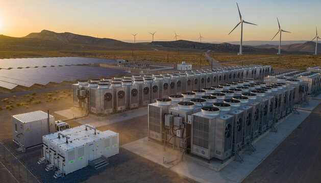 Renewable Energy Facility with Solar Panels and Wind Turbines at Sunset