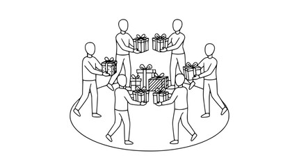 Obraz premium People Exchanging Gifts in a Circle - Festive Celebration, Sharing Joy, Community