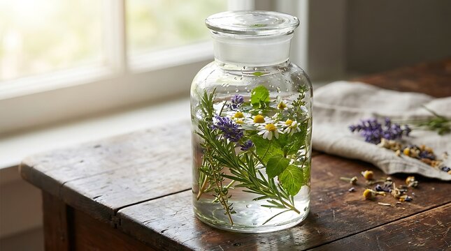 Glass jar filled with fresh chamomile flowers and green herbs in water on a wooden table. herb infusion demo