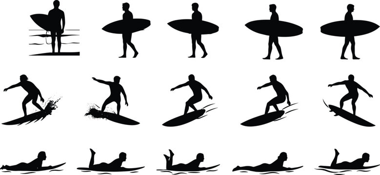 Set of male surfer black silhouette icons riding waves and paddling on surfboard