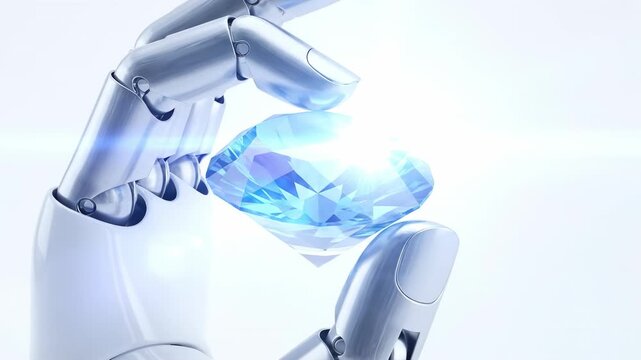 Artificial intelligence robot hand holding diamond gem on white background, AI recruitment, futuristic technology, metallic precision concept