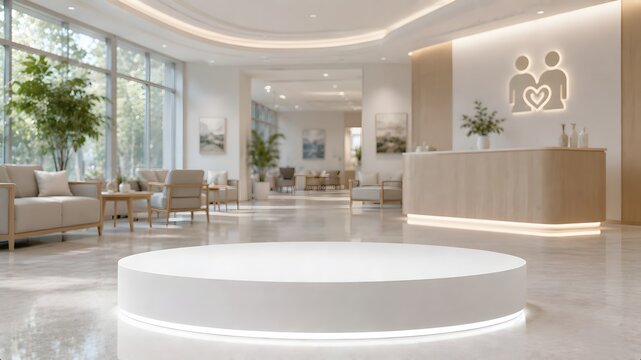 Modern Reception Lobby with Circular Platform and Seating Area