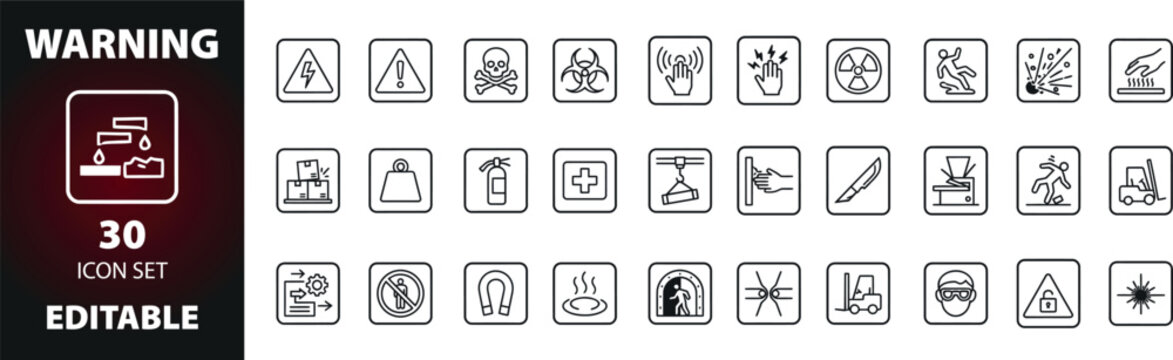 A comprehensive collection of thirty editable warning signs and safety symbols featuring various industrial hazards and cautionary icons for workplace safety and equipment labeling purposes