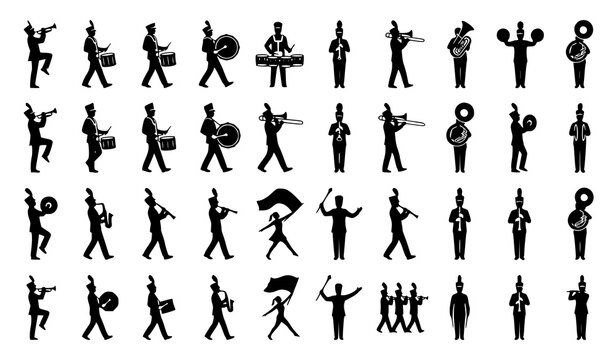 Marching Band Silhouette Collection with Trumpet Drum Trombone and Tuba Parade Musicians Vector Set
