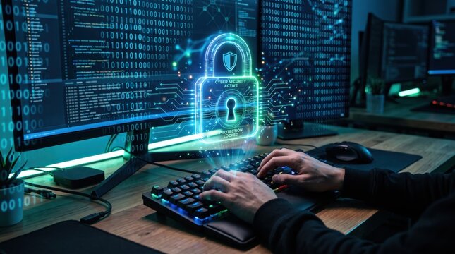 Holographic cyber security lock floating above keyboard, digital protection shield active, encrypted data stream visualization, hacker defense mechanism, secure online transaction