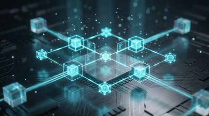 Fototapeta premium Glowing digital cubes connect on a circuit board to represent blockchain network technology.