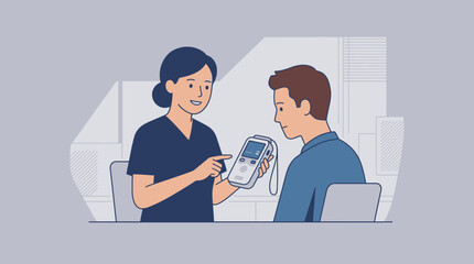 Doctor explains medical test results to a patient while holding a portable handheld device in a clinical setting. © FOOTAGE BUSSINES