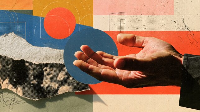Halftone arm reaching through a clean circular aperture cut into bold overlapping colour panels, in a torn paper collage style with generous copy space
