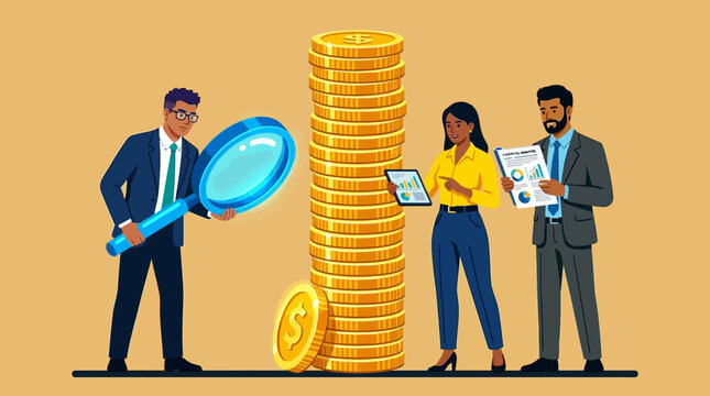 Business professionals examine a tall stack of gold coins using a large magnifying glass to analyze financial growth and investment strategies.