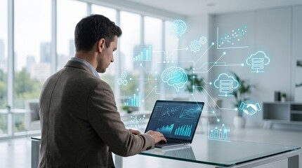 Fototapeta premium Businessman analyzing financial data on laptop with holographic interface, AI technology, cloud computing and digital transformation in modern office environment.