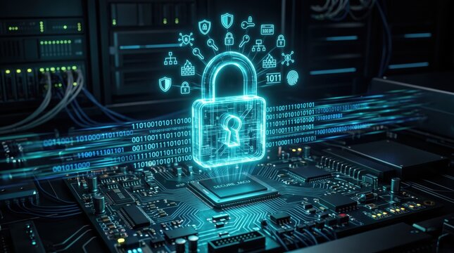 Futuristic cybersecurity featuring a glowing digital padlock hovering over a server motherboard, representing data protection, encryption, firewall technology, and network