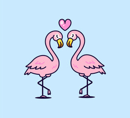 Obraz premium Pink flamingo couple forming a heart shape with their necks and a floating heart above. Cute cartoon vector illustration perfect for Valentine's Day, weddings, romance icon or sticker design