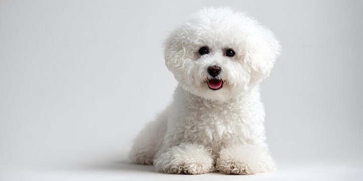 Small white poodle sitting and looking forward on a plain white background