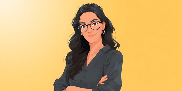 An illustrated woman with long wavy hair and glasses smiles while standing with arms crossed