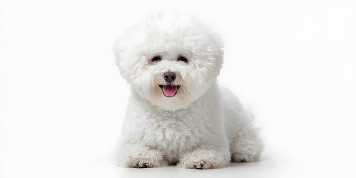 A fluffy white dog sits smiling with its tongue out against a clean background.