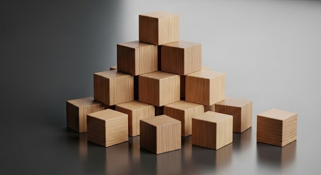 Stacked wooden cubes on reflective surface for abstract composition and design