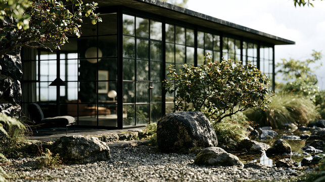 Modern glass house greenhouse surrounded by garden rocks and trees with the building
