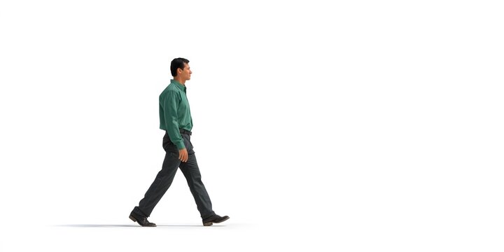 A man in a green shirt walks across a white background.