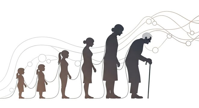 Stages of life silhouette of human figures representing growth and aging