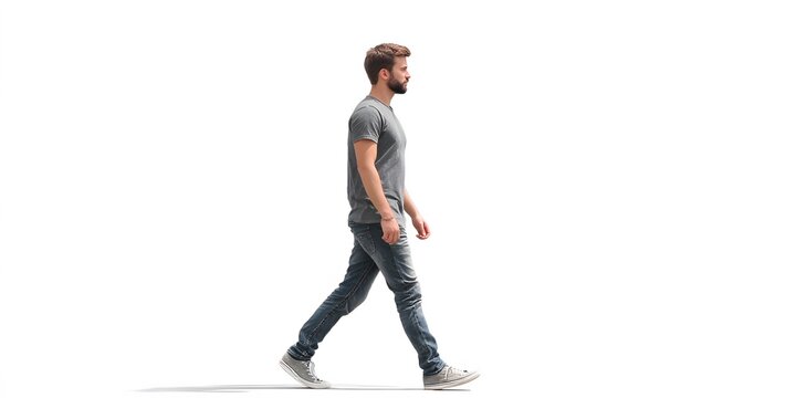 A bearded man in casual attire walks briskly from left to right across a stark white background.