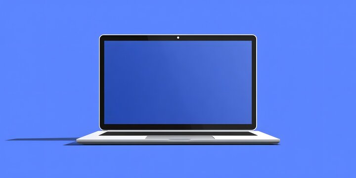 Sleek laptop with blank screen casting subtle shadow on solid blue background