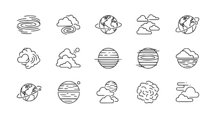 Set of Weather and Planet Icons: Clouds, Earth, Jupiter, Swirls, Atmosphere © Dika