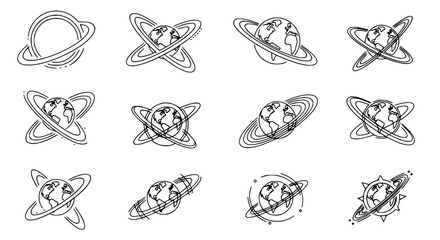 Hand-drawn Earth Planet Icons with Rings, Space Orbit Illustrations © Dika