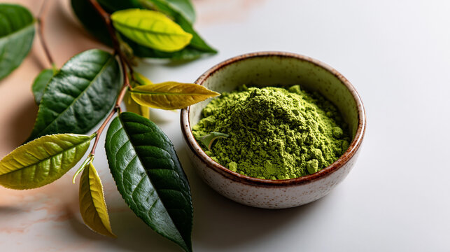 Bowl of green matcha powder with fresh tea leaves on textured background, beverage