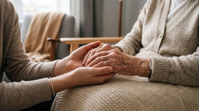 Young person comforting elderly individual with gentle hand holding gesture for emotional