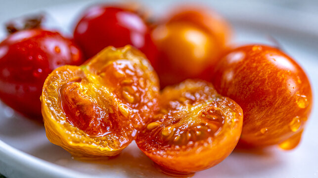 Fresh ripe cherry tomatoes with water droplets still life freshly picked tomatoes