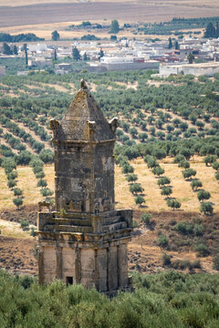 Mausoleum of Atban surrounded by olive groves at the Roman ruins of Dougga, in Teboursouk, Tunisia