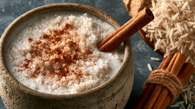 Creamy rice pudding in a rustic bowl with cinnamon stick and rice grains, cinnamon