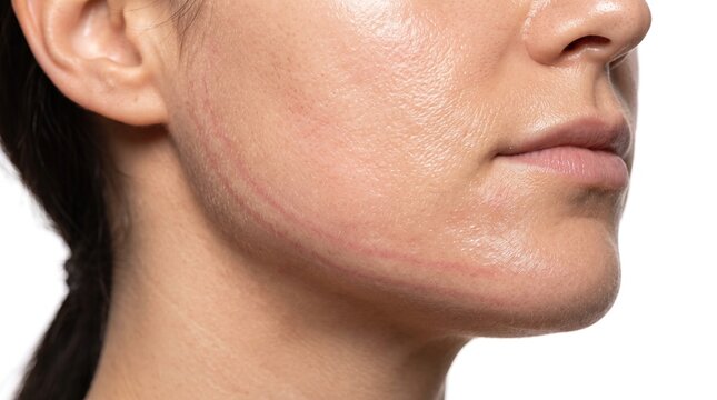 Close up of red linear marks and dermatographia skin condition on female jawline