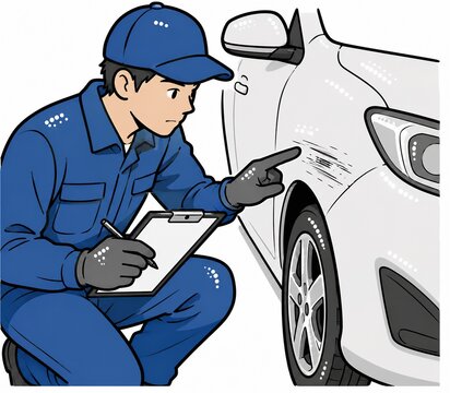 自動車の傷を丁寧に点検しクリップボードに記録する男性整備士のイラスト