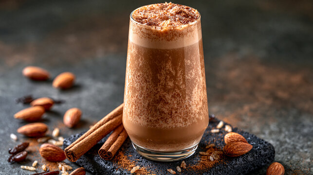 Glass of creamy almond chocolate smoothie with still life smoothie chocolate beverage