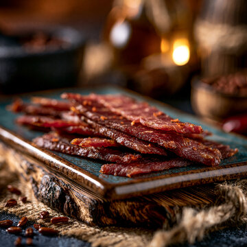 Delicious crispy beef jerky strips on wooden serving board with appetizer, snacking