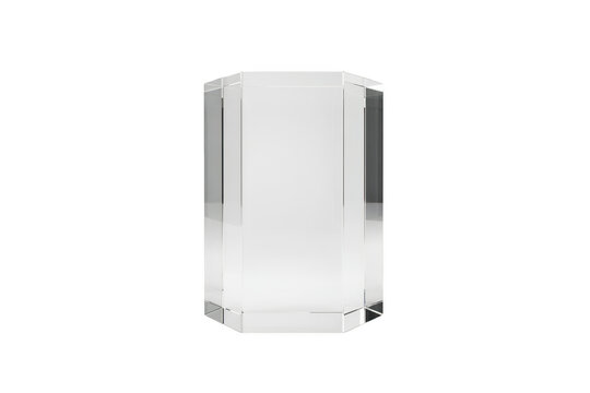 A hexagonal clear acrylic display pedestal with multiple transparent sides, standing upright, isolated on a white background, for product staging