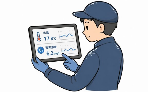 スマート農業で水温と酸素濃度をタブレットで確認する作業員の男性イラスト